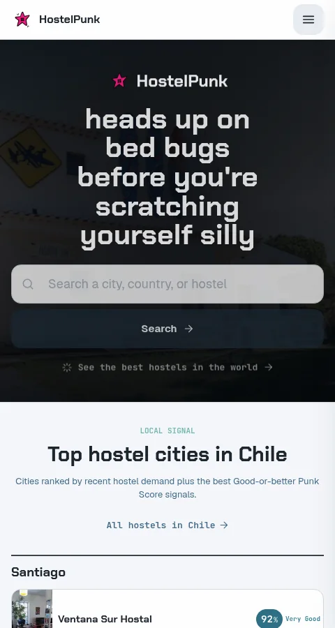 HostelPunk homepage with hostel search and destination rankings
