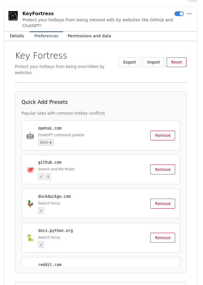 KeyFortress preferences in Firefox, with Quick Add Presets for website shortcuts and Export, Import and Reset controls.