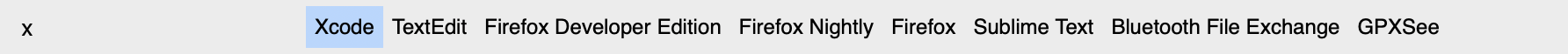 unmenu's single-row launcher, with Xcode selected among applications matching the typed letter x.