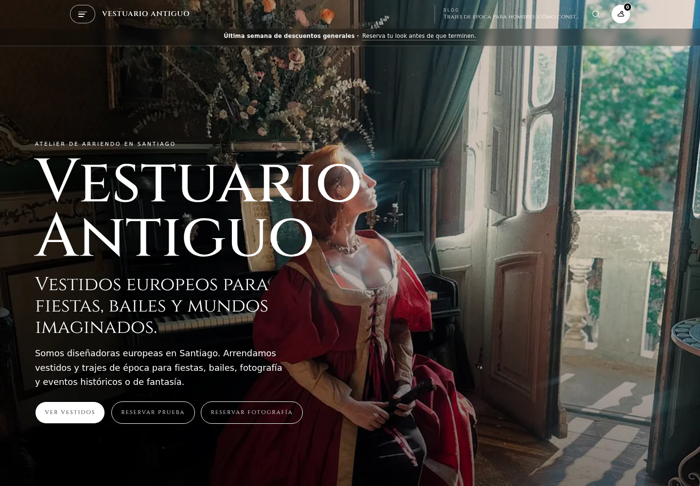 Vestuario Antiguo website with its identity, clothing catalogue, and booking actions